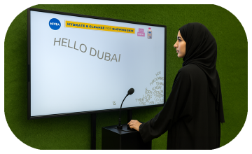 Arab woman using Sayit AI at a Dubai corporate event, speaking into a mic as 3D branded text appears on a large screen, showcasing interactive event technology rental